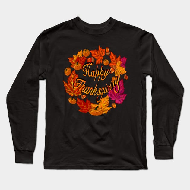 Happy thanksgiving wreathAutumn thanksgiving acorn, pumpkin, maple leaf decorations for  Fall Autumn leaves sticker pack pattern Long Sleeve T-Shirt by Artonmytee